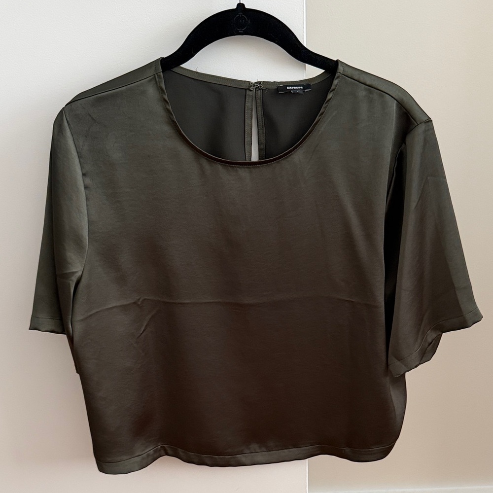 Express Olive Green Satin Short Sleeve Top